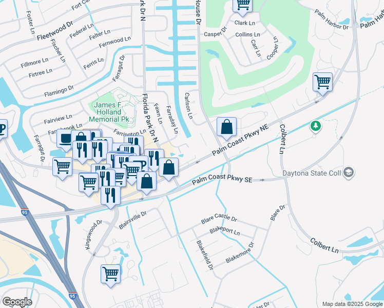 map of restaurants, bars, coffee shops, grocery stores, and more near 302 Palm Coast Parkway Northeast in Palm Coast