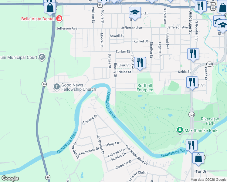 map of restaurants, bars, coffee shops, grocery stores, and more near 908 Boenig Street in Seguin