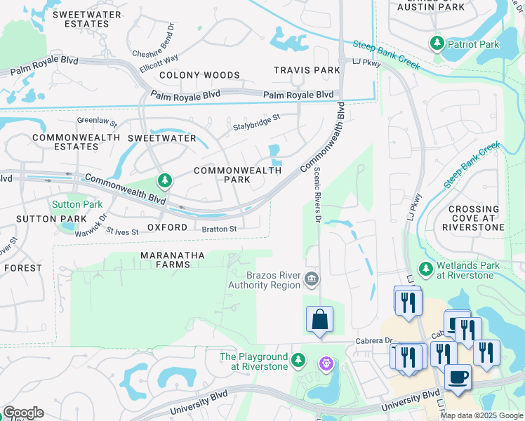 map of restaurants, bars, coffee shops, grocery stores, and more near 3718 Bratton Court in Sugar Land