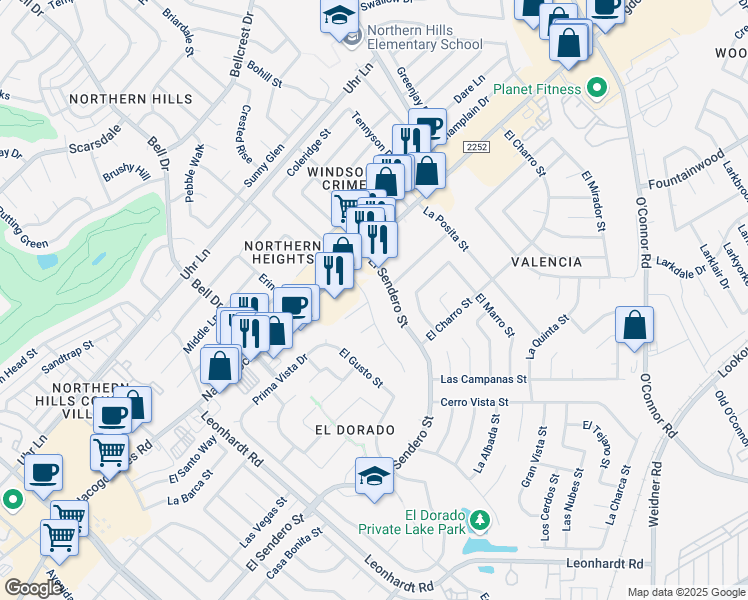 map of restaurants, bars, coffee shops, grocery stores, and more near 13103 El Sendero Street in San Antonio