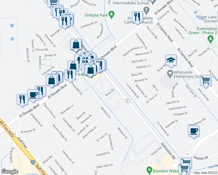 map of restaurants, bars, coffee shops, grocery stores, and more near 15800 Texas 3 in Webster
