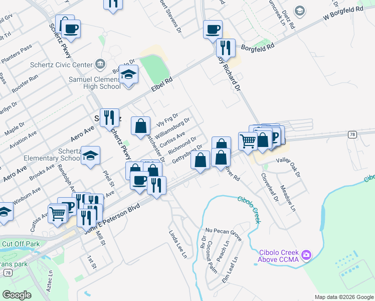 map of restaurants, bars, coffee shops, grocery stores, and more near 1044 Richmond Drive in Schertz