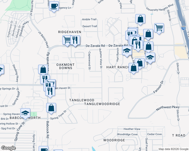 map of restaurants, bars, coffee shops, grocery stores, and more near 6122 Lyngrove Street in San Antonio