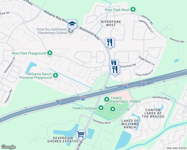 map of restaurants, bars, coffee shops, grocery stores, and more near 22155 Wildwood Park Road in Richmond