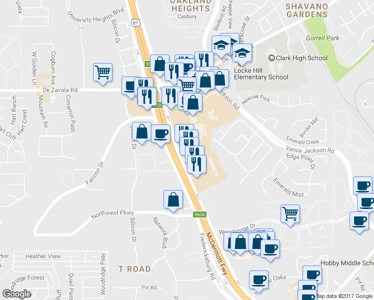 map of restaurants, bars, coffee shops, grocery stores, and more near 12511 W Interstate 10 in San Antonio