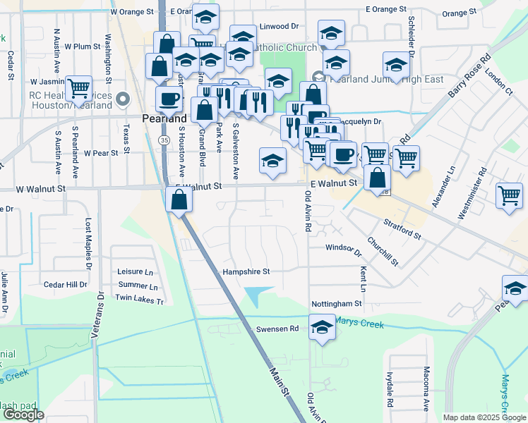 map of restaurants, bars, coffee shops, grocery stores, and more near 2406 Douglas Street in Pearland