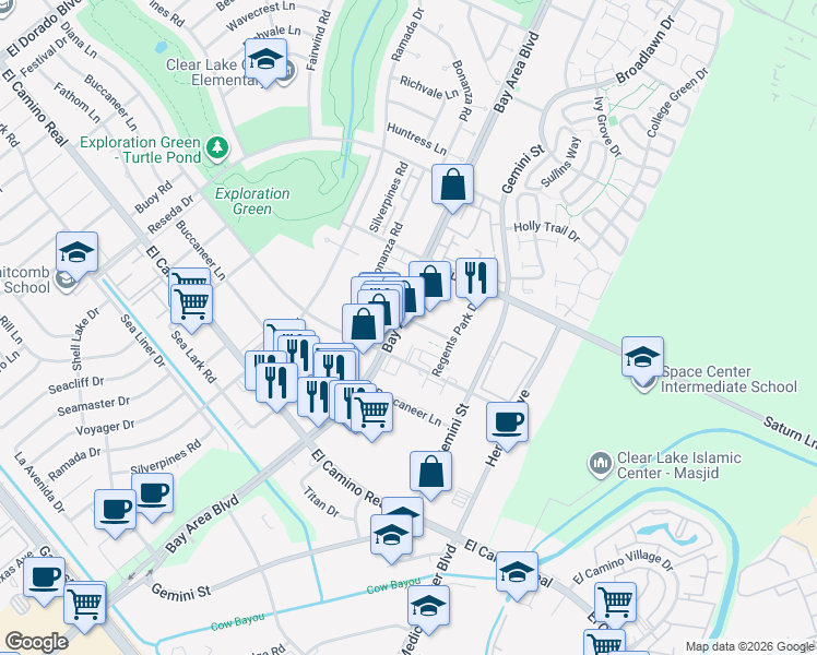 map of restaurants, bars, coffee shops, grocery stores, and more near 1238 Bay Area Boulevard in Houston
