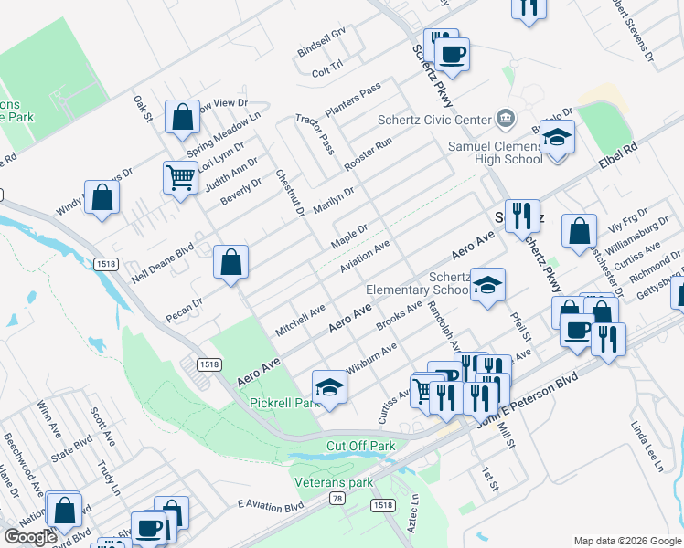 map of restaurants, bars, coffee shops, grocery stores, and more near 412 Aviation Avenue in Schertz