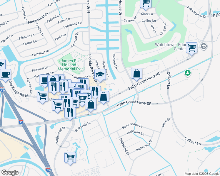 map of restaurants, bars, coffee shops, grocery stores, and more near 31 Sunrise Villas Court in Palm Coast