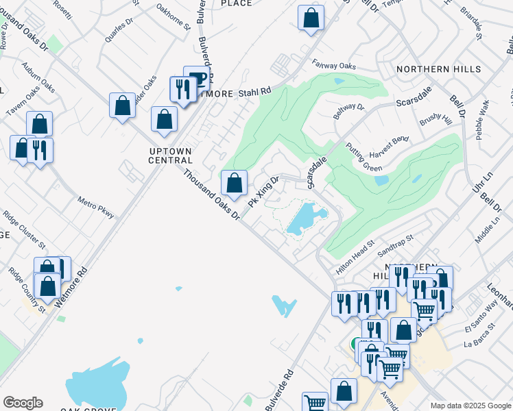 map of restaurants, bars, coffee shops, grocery stores, and more near 12870 Park Crossing Drive in San Antonio