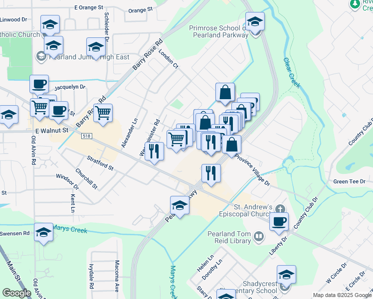 map of restaurants, bars, coffee shops, grocery stores, and more near 2708 Pearland Parkway in Pearland