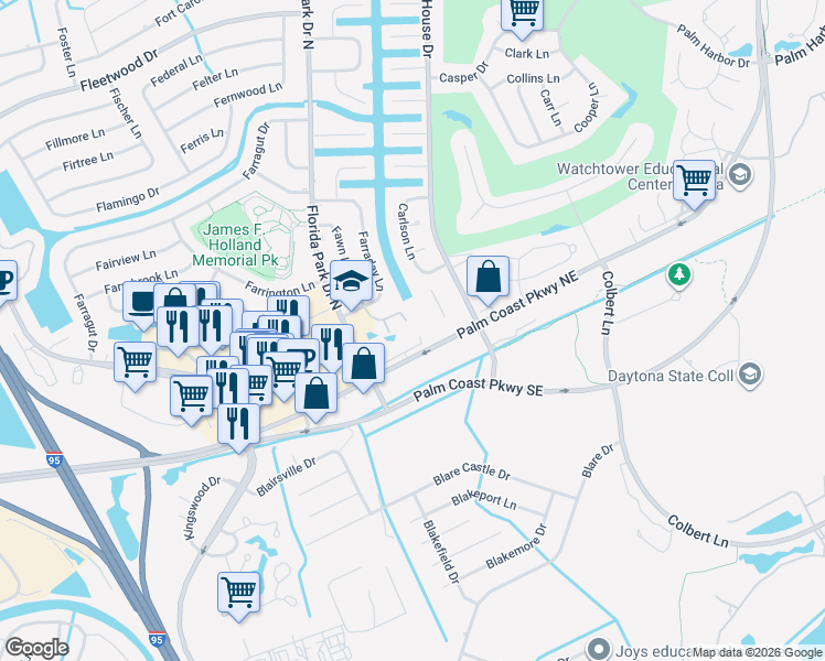 map of restaurants, bars, coffee shops, grocery stores, and more near 20 Sunrise Villas Lane in Palm Coast