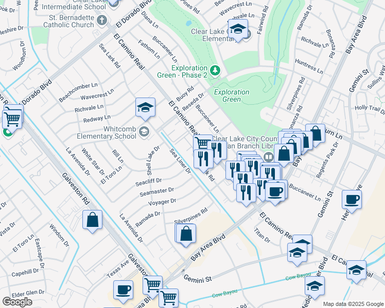map of restaurants, bars, coffee shops, grocery stores, and more near 16302 El Camino Real in Houston