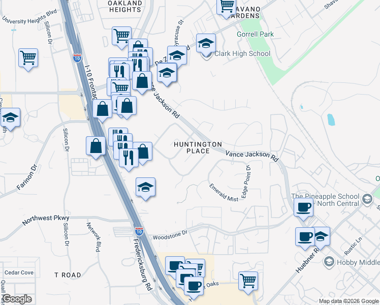 map of restaurants, bars, coffee shops, grocery stores, and more near 2130 Indian Meadows Drive in San Antonio