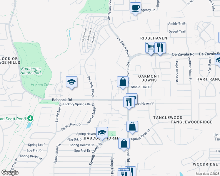 map of restaurants, bars, coffee shops, grocery stores, and more near 6623 Babcock Road in San Antonio