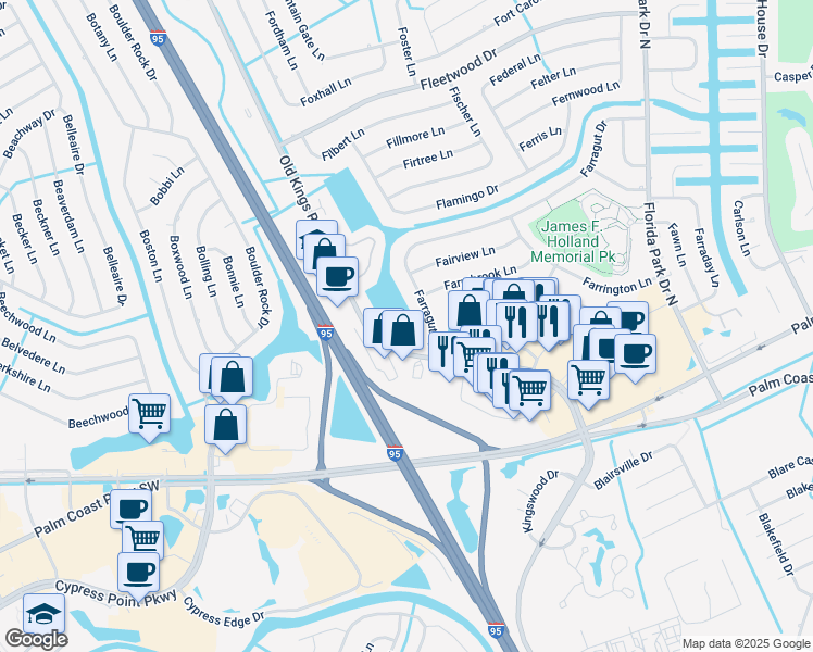 map of restaurants, bars, coffee shops, grocery stores, and more near 67 Kings Colony Court South in Palm Coast
