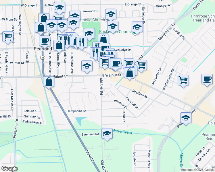 map of restaurants, bars, coffee shops, grocery stores, and more near 2685 Old Alvin Road in Pearland