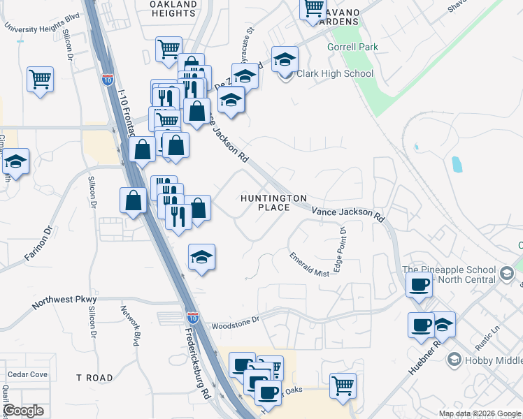 map of restaurants, bars, coffee shops, grocery stores, and more near 2130 Indian Meadows Drive in San Antonio