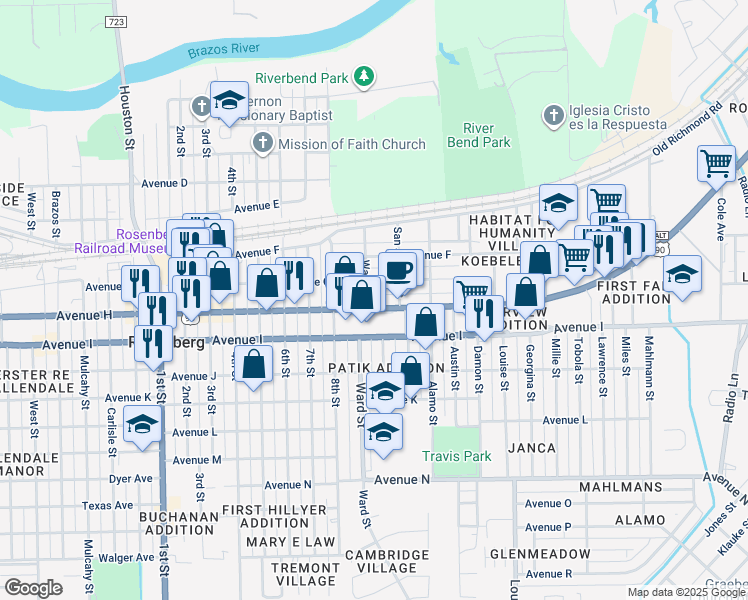 map of restaurants, bars, coffee shops, grocery stores, and more near 906 San Jacinto Street in Rosenberg