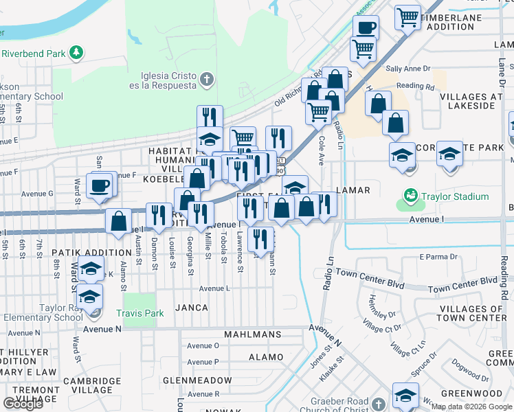 map of restaurants, bars, coffee shops, grocery stores, and more near 1019 Miles Street in Rosenberg