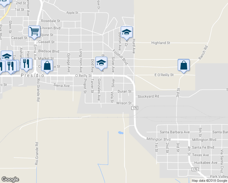 map of restaurants, bars, coffee shops, grocery stores, and more near Duran Street in Presidio