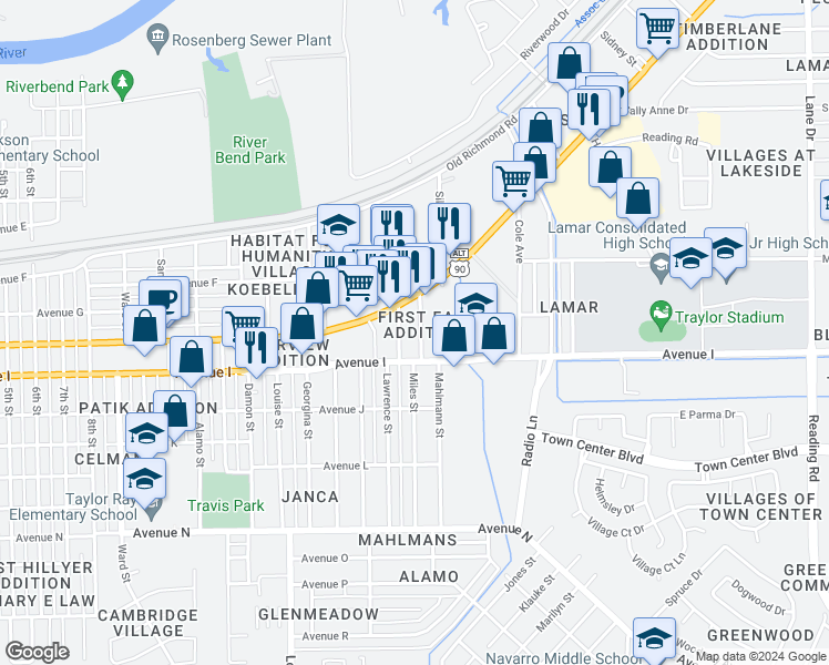 map of restaurants, bars, coffee shops, grocery stores, and more near 1026 Miles Street in Rosenberg