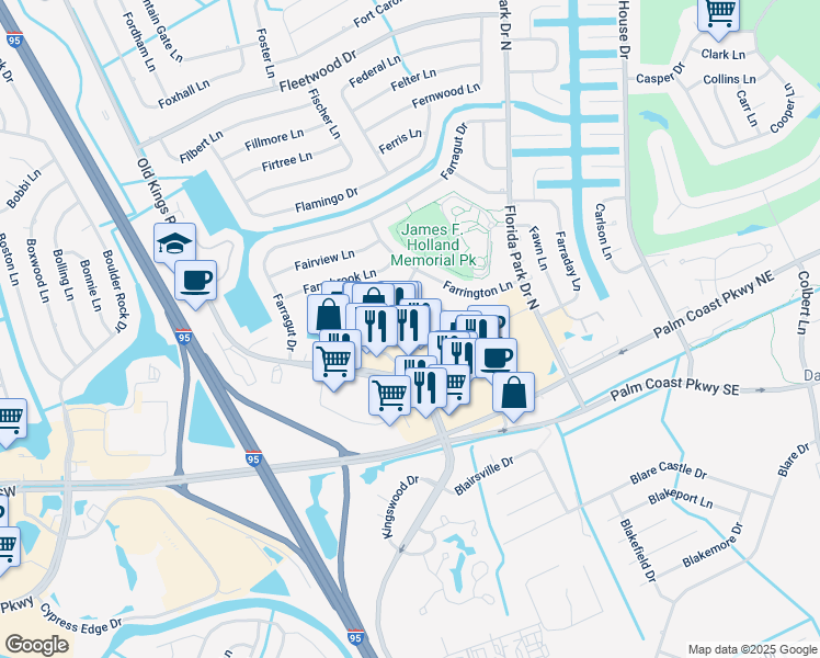 map of restaurants, bars, coffee shops, grocery stores, and more near 11 Arbor TRC in Palm Coast