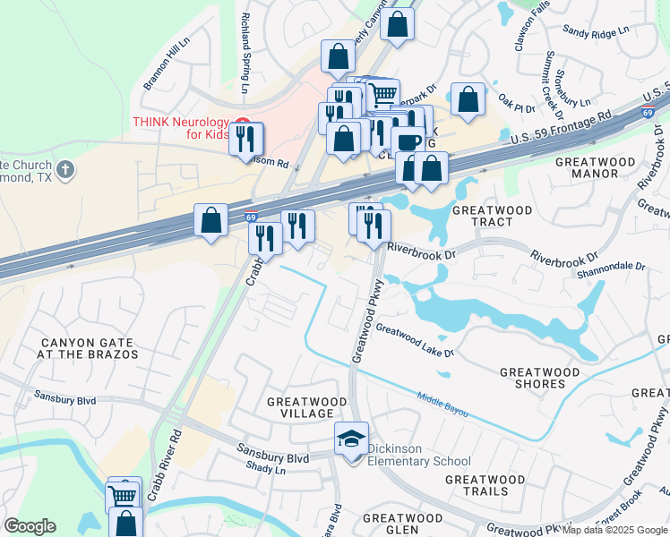 map of restaurants, bars, coffee shops, grocery stores, and more near 1850 Teal Brook Lane in Sugar Land