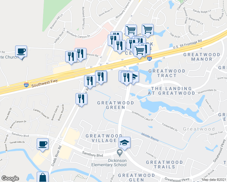 map of restaurants, bars, coffee shops, grocery stores, and more near 1850 Teal Brook Lane in Sugar Land