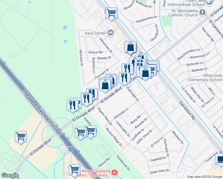 map of restaurants, bars, coffee shops, grocery stores, and more near 435 El Dorado Boulevard in Webster