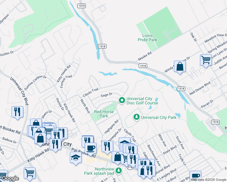 map of restaurants, bars, coffee shops, grocery stores, and more near 1259 Cibolo Trail in Universal City