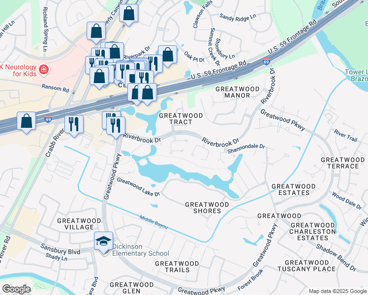 map of restaurants, bars, coffee shops, grocery stores, and more near 7206 Windwood Court in Sugar Land