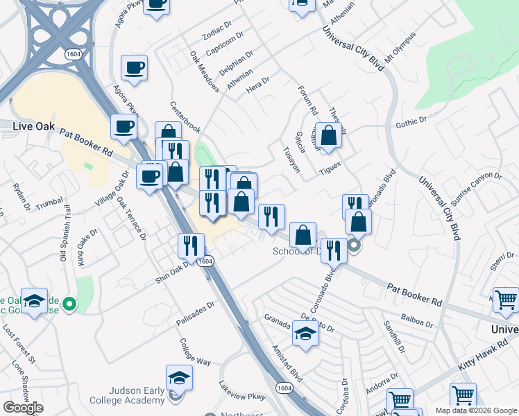 map of restaurants, bars, coffee shops, grocery stores, and more near 2910 Pat Booker Road in Universal City