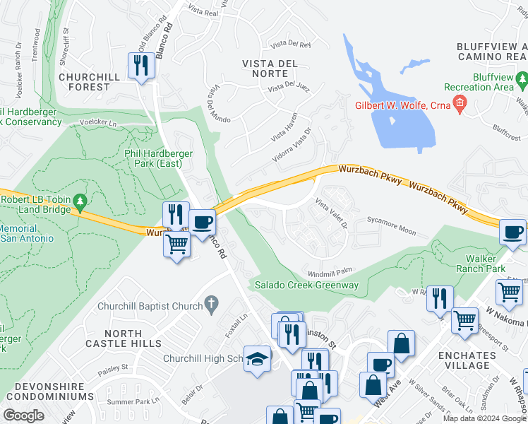 map of restaurants, bars, coffee shops, grocery stores, and more near 12727 Vista Del Norte in San Antonio