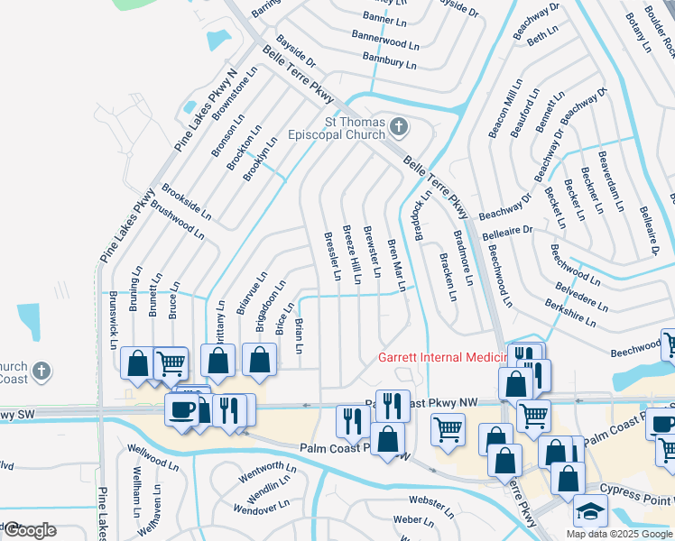 map of restaurants, bars, coffee shops, grocery stores, and more near 70 Bressler Lane in Palm Coast