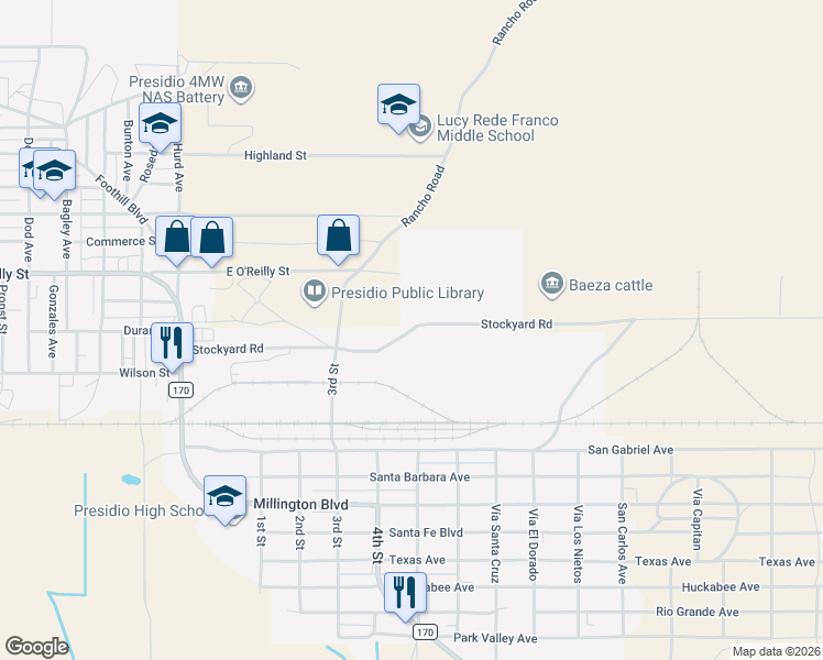 map of restaurants, bars, coffee shops, grocery stores, and more near Stockyard Road in Presidio