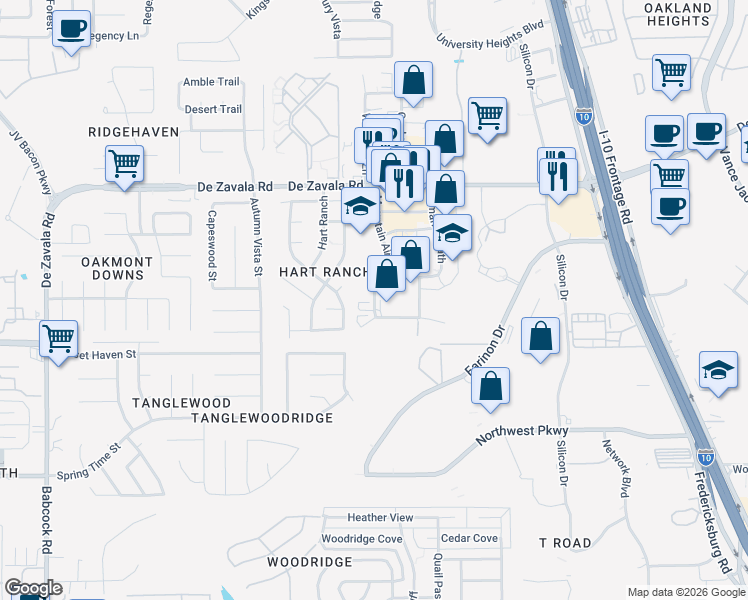 map of restaurants, bars, coffee shops, grocery stores, and more near Spectrum Drive in San Antonio