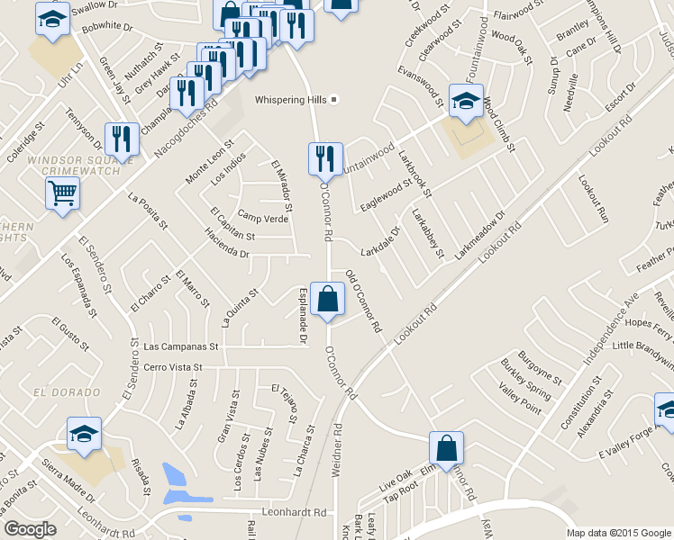 map of restaurants, bars, coffee shops, grocery stores, and more near 15400 Old O'Connor Road in San Antonio