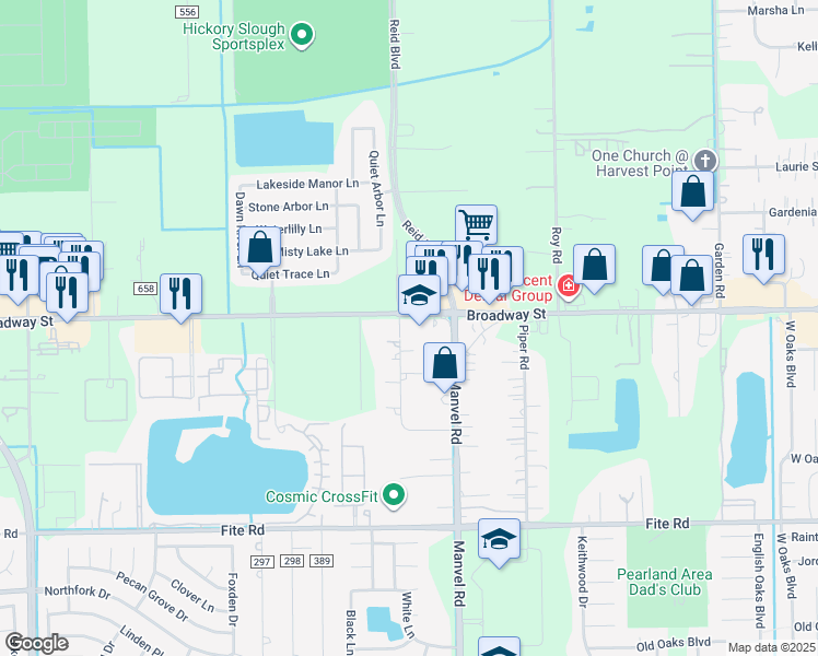 map of restaurants, bars, coffee shops, grocery stores, and more near 2701 Westchester Circle in Pearland