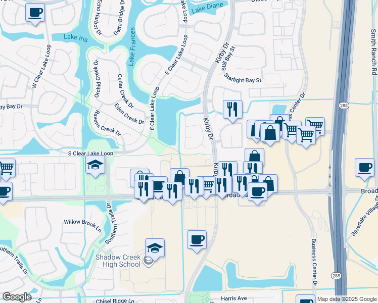 map of restaurants, bars, coffee shops, grocery stores, and more near 11610 Cross Spring Drive in Pearland
