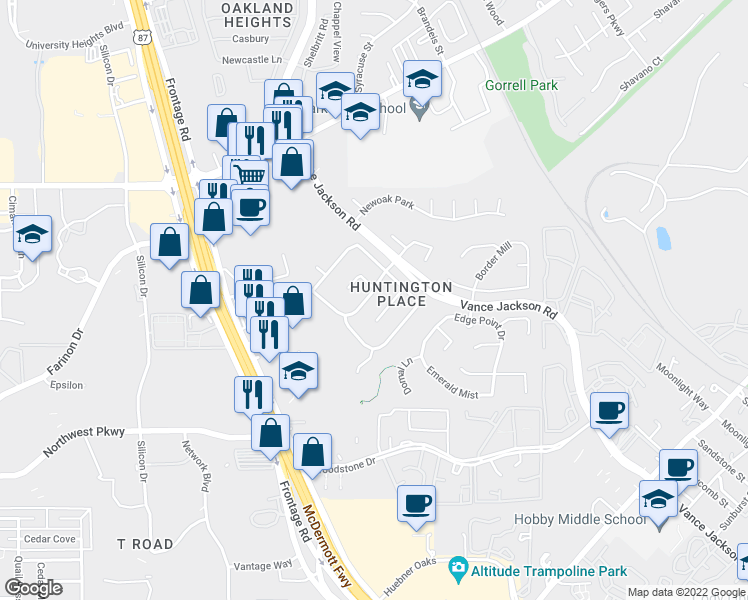 map of restaurants, bars, coffee shops, grocery stores, and more near 2130 Indian Meadows Drive in San Antonio