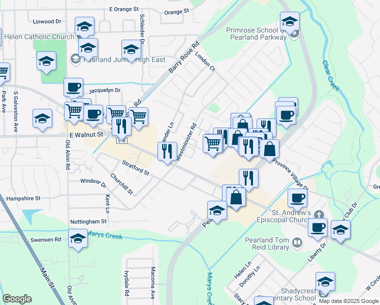 map of restaurants, bars, coffee shops, grocery stores, and more near 2515 Westminister Road in Pearland
