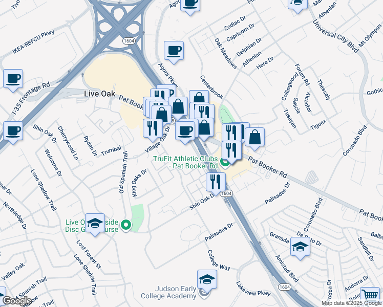 map of restaurants, bars, coffee shops, grocery stores, and more near 13101 Texas 1604 Loop in Live Oak