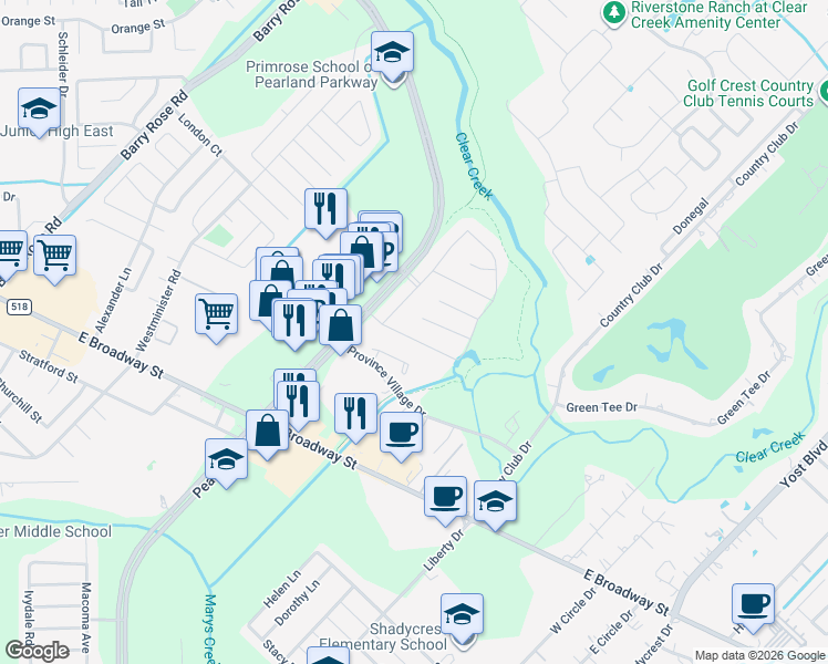 map of restaurants, bars, coffee shops, grocery stores, and more near 2711 Pebble Creek Drive in Pearland