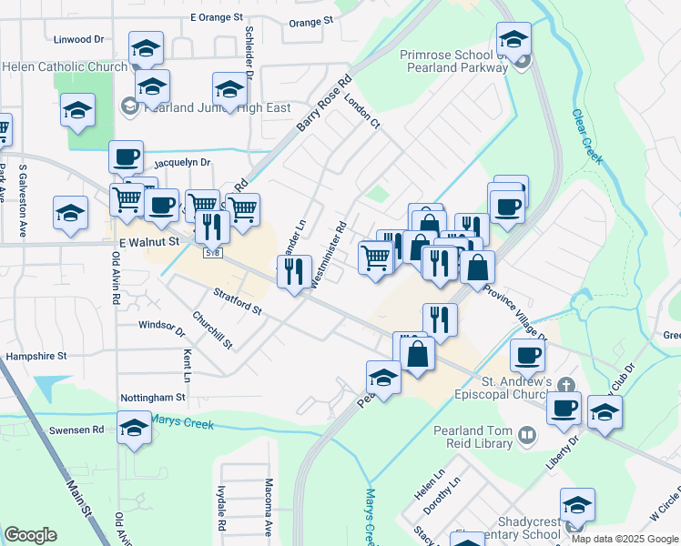 map of restaurants, bars, coffee shops, grocery stores, and more near 2515 Westminister Road in Pearland