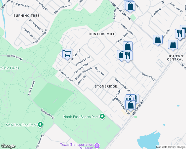 map of restaurants, bars, coffee shops, grocery stores, and more near 3412 Ridge Smoke in San Antonio