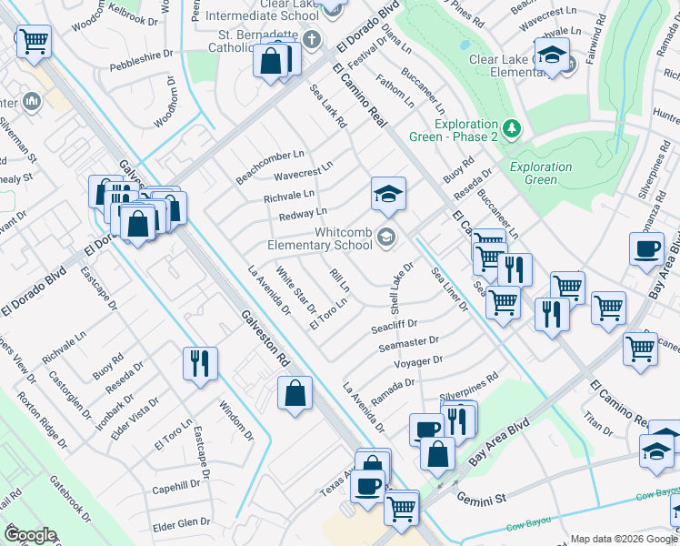 map of restaurants, bars, coffee shops, grocery stores, and more near 16202 Thunderbay Drive in Houston