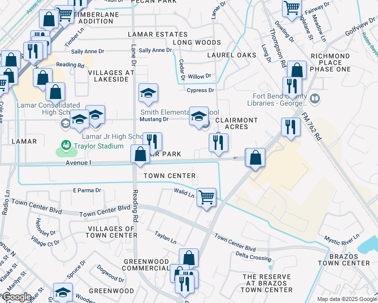 map of restaurants, bars, coffee shops, grocery stores, and more near 1800 Farm to Market Road 1640 in Richmond