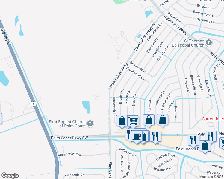 map of restaurants, bars, coffee shops, grocery stores, and more near 5 Pine Lakes Parkway in Palm Coast