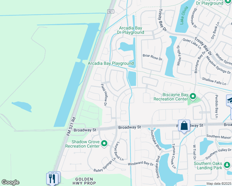map of restaurants, bars, coffee shops, grocery stores, and more near 2816 Green Mountain Drive in Pearland